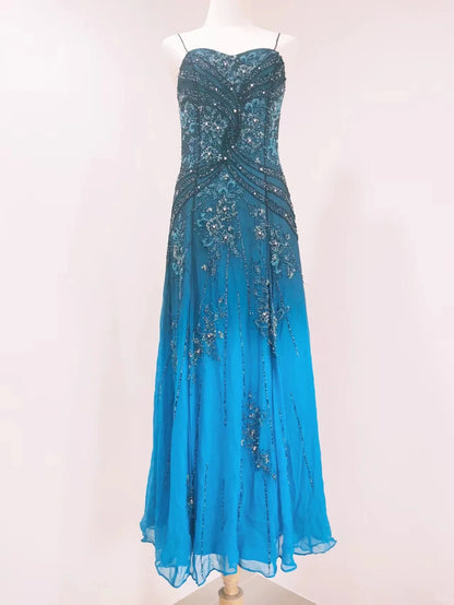 Vintage blaues A-Linien-Abendkleid aus Chiffon mit dünnen Trägern und Perlen P4216
