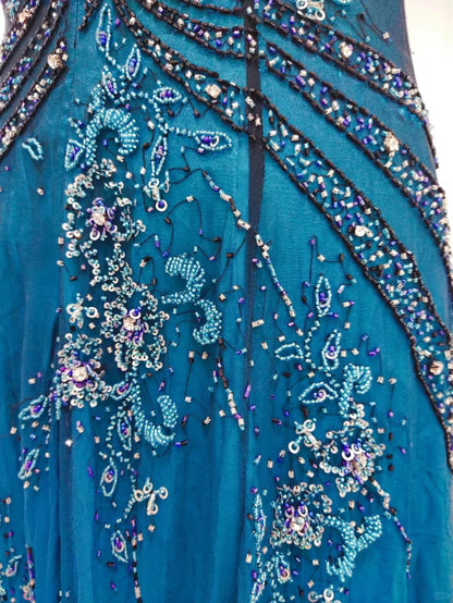 Vintage blaues A-Linien-Abendkleid aus Chiffon mit dünnen Trägern und Perlen P4216