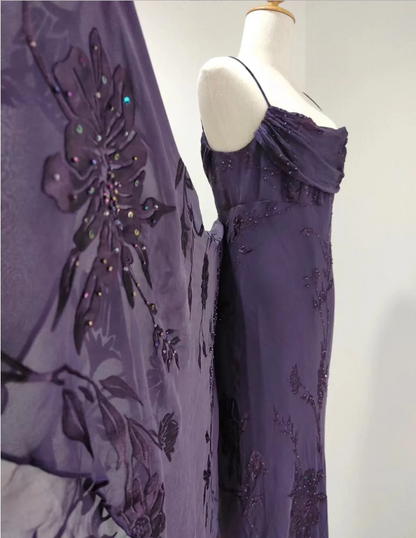 Elegantes, dunkelviolettes Meerjungfrauen-Abendkleid aus besticktem Chiffon, langes Ballkleid P4217