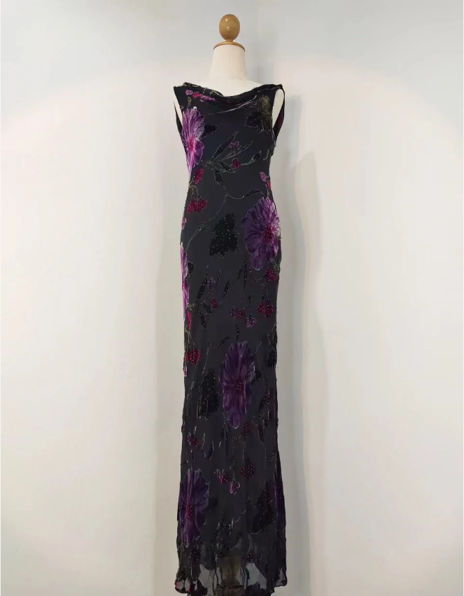 Retro Schwarze Meerjungfrau-Ausschnitt, besticktes Blumenmuster, rückenfrei, Chiffon, langes Ballkleid Abendkleid P4218