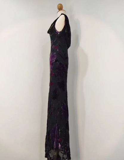 Retro Schwarze Meerjungfrau-Ausschnitt, besticktes Blumenmuster, rückenfrei, Chiffon, langes Ballkleid Abendkleid P4218