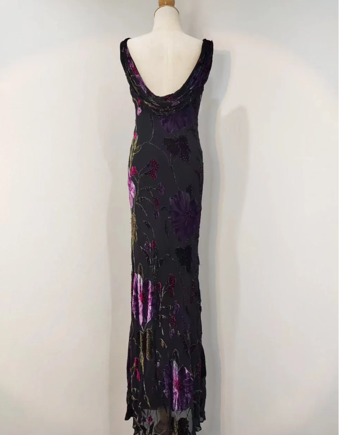 Retro Schwarze Meerjungfrau-Ausschnitt, besticktes Blumenmuster, rückenfrei, Chiffon, langes Ballkleid Abendkleid P4218