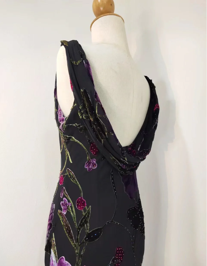 Retro Schwarze Meerjungfrau-Ausschnitt, besticktes Blumenmuster, rückenfrei, Chiffon, langes Ballkleid Abendkleid P4218