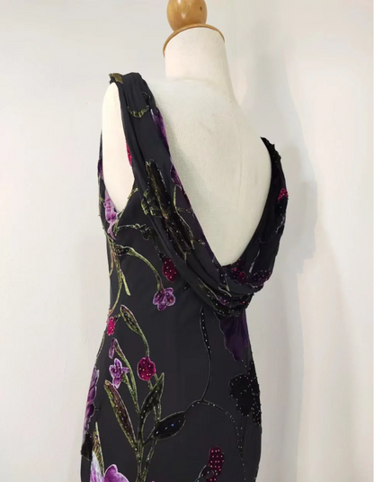 Retro Schwarze Meerjungfrau-Ausschnitt, besticktes Blumenmuster, rückenfrei, Chiffon, langes Ballkleid Abendkleid P4218