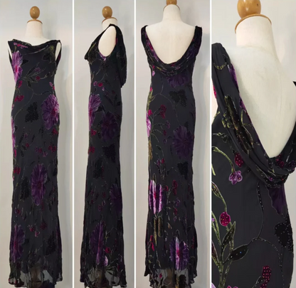 Retro Schwarze Meerjungfrau-Ausschnitt, besticktes Blumenmuster, rückenfrei, Chiffon, langes Ballkleid Abendkleid P4218