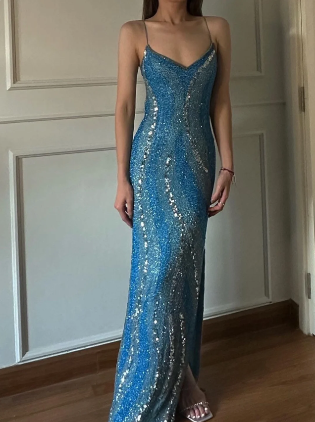 Wunderschönes blaues Meerjungfrau Neckholder V-Ausschnitt rückenfreies paillettenbesetztes langes Ballkleid Abendkleid P4219