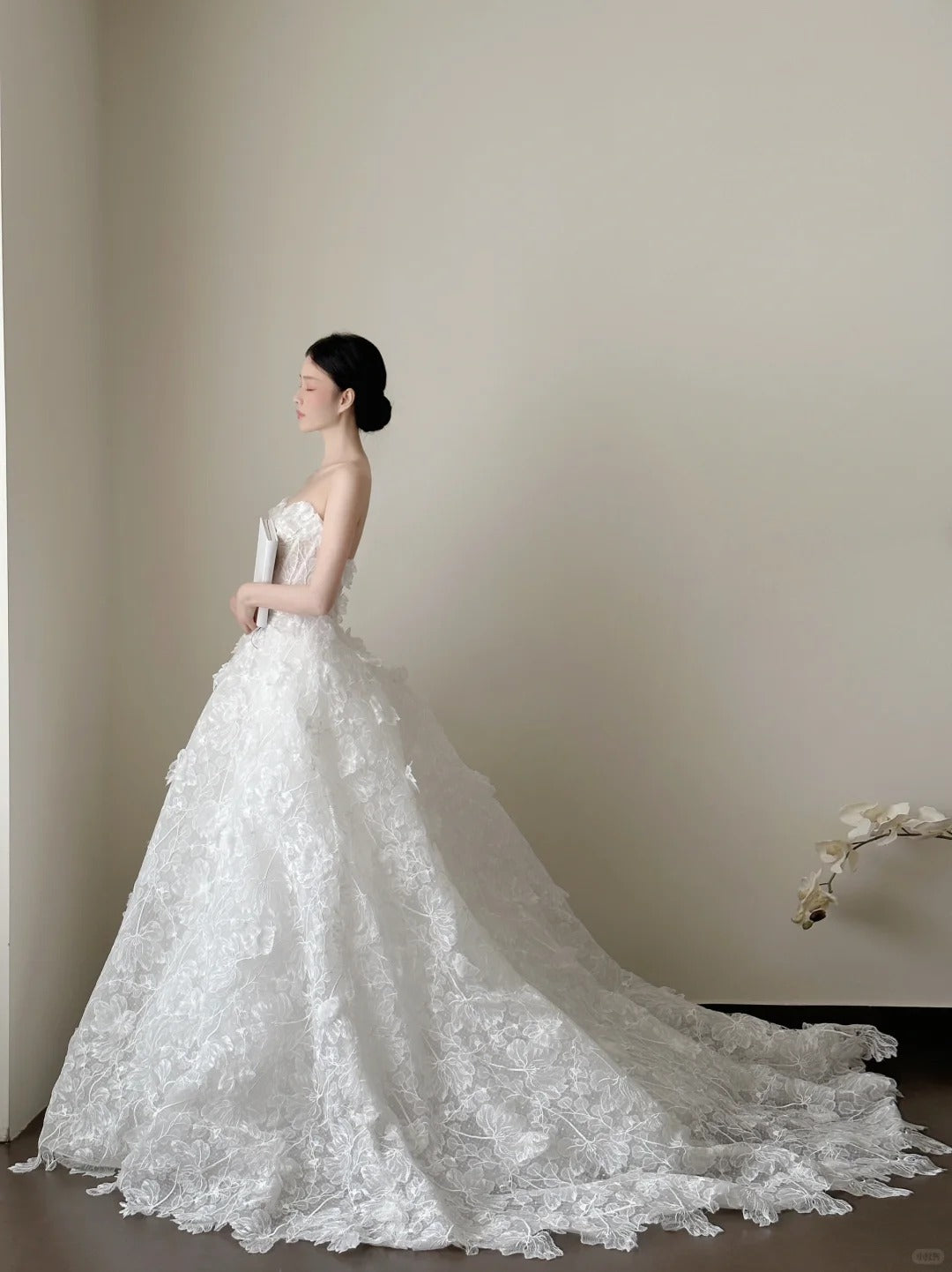 Elegant White Strapless Lace Train Ball Gown Wedding Dress P4022