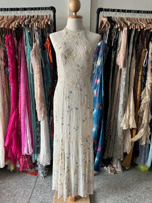 Robe de bal longue sirène vintage ivoire à col montant, ornée de perles et de motifs floraux en maille, robe de soirée P4220