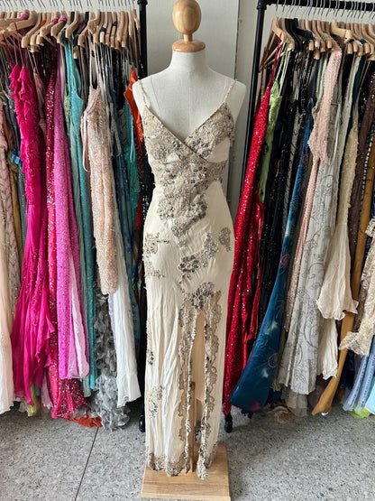 Vintage elfenbeinfarbenes Meerjungfrauen-Abendkleid mit Spaghettiträgern, V-Ausschnitt, Spitze, Schlitz und Satin, langes Ballkleid, Abendkleid P4221