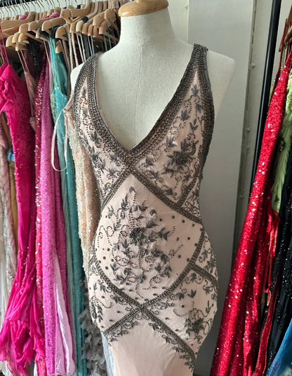 Retro Rosa Meerjungfrau Ärmelloses V-Ausschnitt Perlen Chiffon Langes Ballkleid Abendkleid P4222