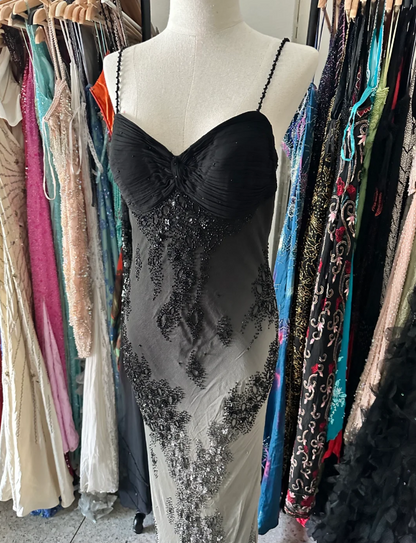 Wunderschönes schwarzes und graues Gradient Perlen Chiffon langes Ballkleid Abendkleid P4223