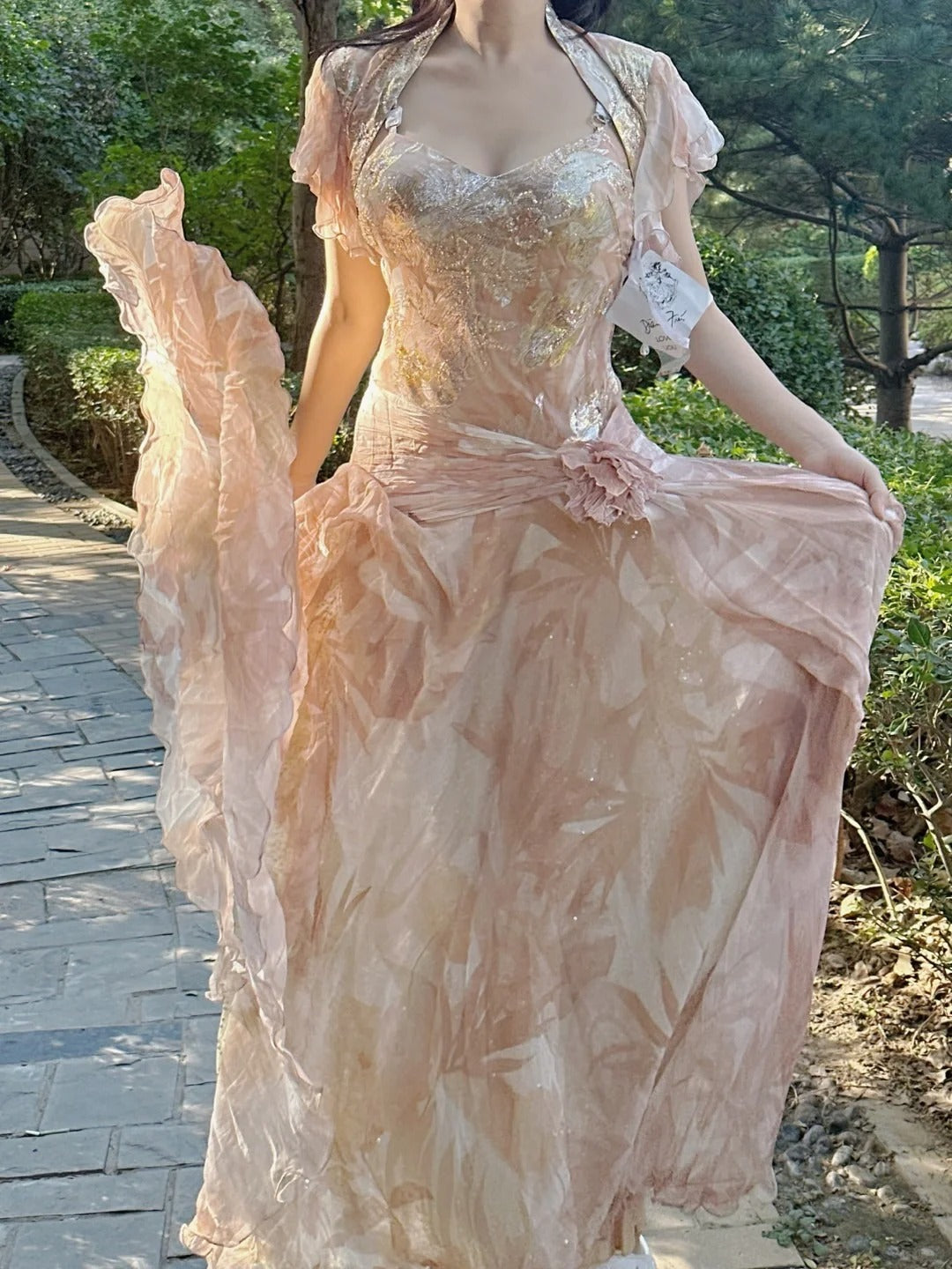 Hübsches rosa florales A-Linien Chiffon langes Ballkleid Abendkleid P4225