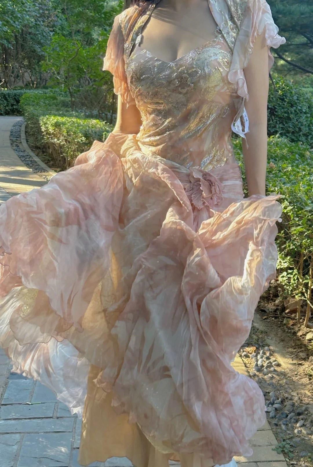 Hübsches rosa florales A-Linien Chiffon langes Ballkleid Abendkleid P4225