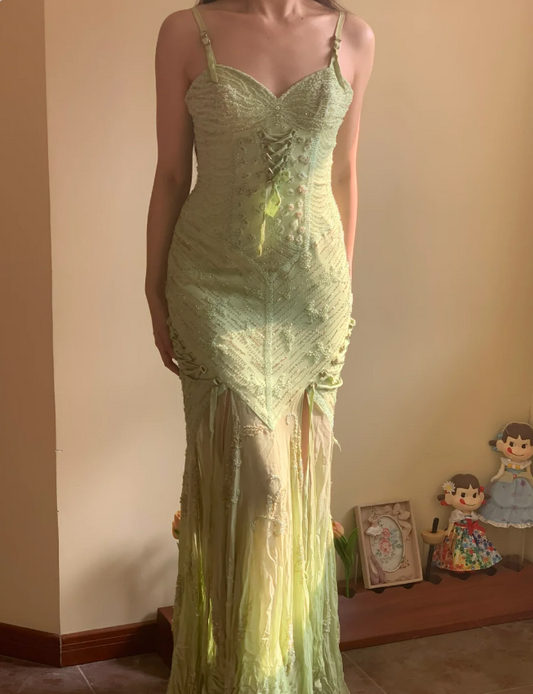 Belle robe de bal longue en mousseline fendue brodée de perles motif sirène verte, robe de soirée P4226