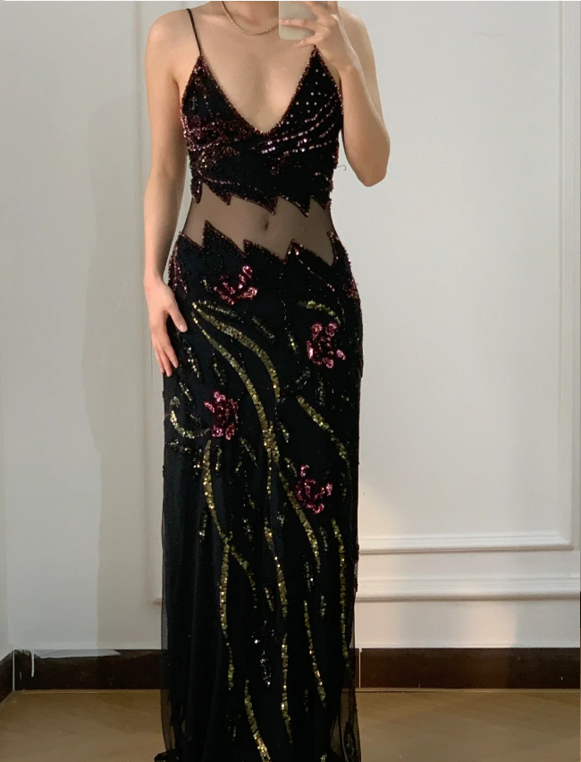 Vintage Schwarze Meerjungfrauen-Abendkleid mit Perlen, Pailletten, floralen Applikationen aus Tüll, langes Ballkleid P4230