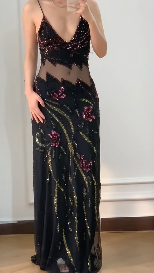 Vintage Schwarze Meerjungfrauen-Abendkleid mit Perlen, Pailletten, floralen Applikationen aus Tüll, langes Ballkleid P4230