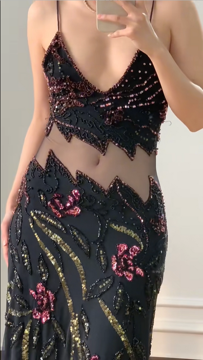 Vintage Schwarze Meerjungfrauen-Abendkleid mit Perlen, Pailletten, floralen Applikationen aus Tüll, langes Ballkleid P4230