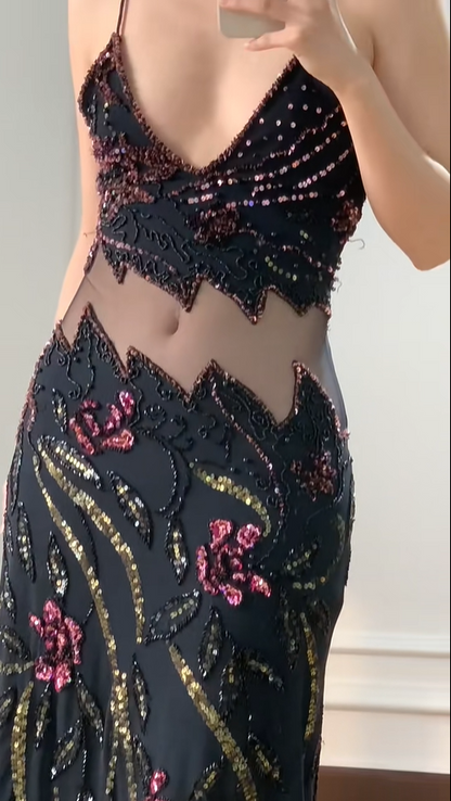 Vintage Schwarze Meerjungfrauen-Abendkleid mit Perlen, Pailletten, floralen Applikationen aus Tüll, langes Ballkleid P4230