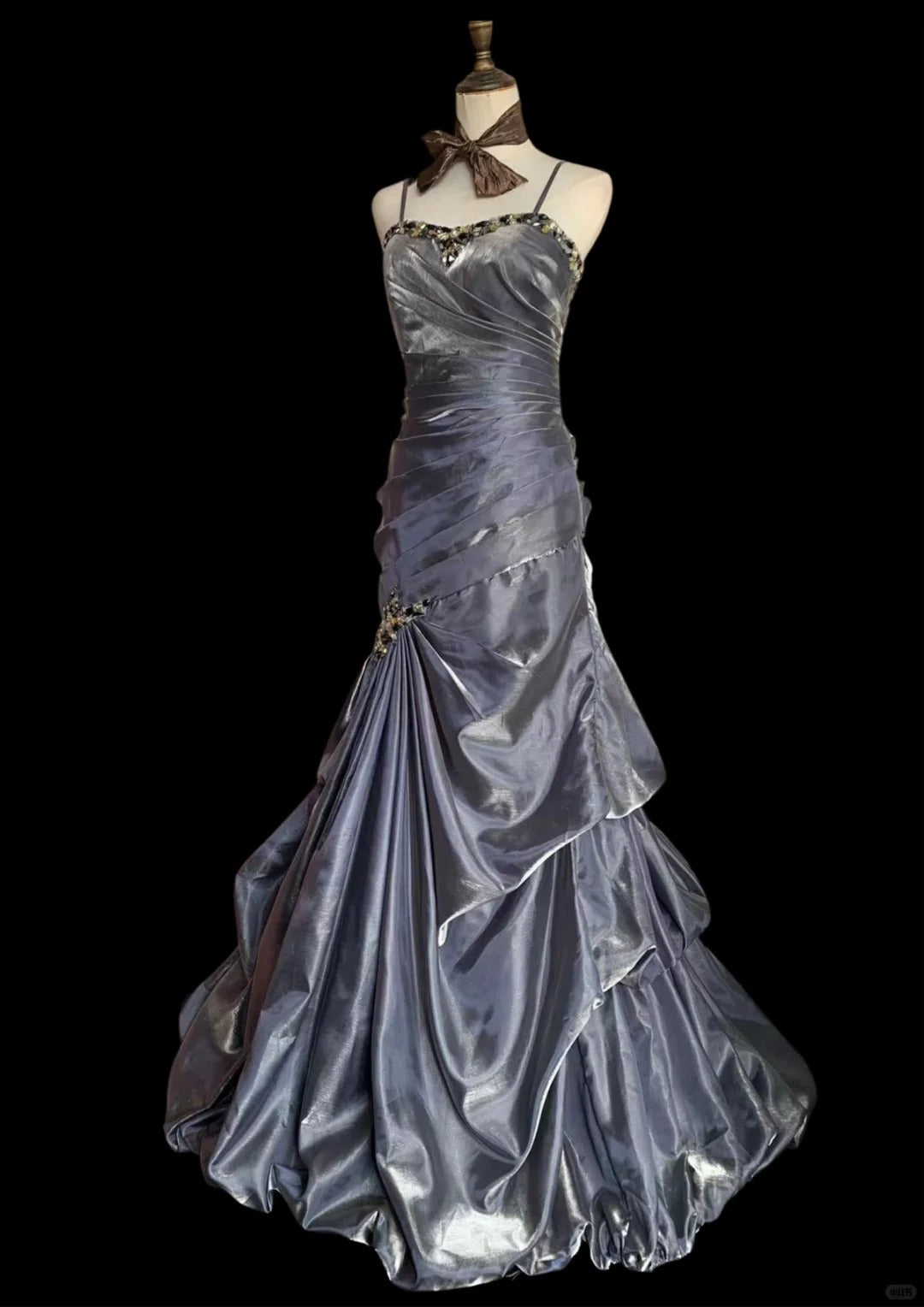 Vintage Grau Meerjungfrau Spaghettiträger Satin Schleppe Abschlussballkleid Abendkleid P4231