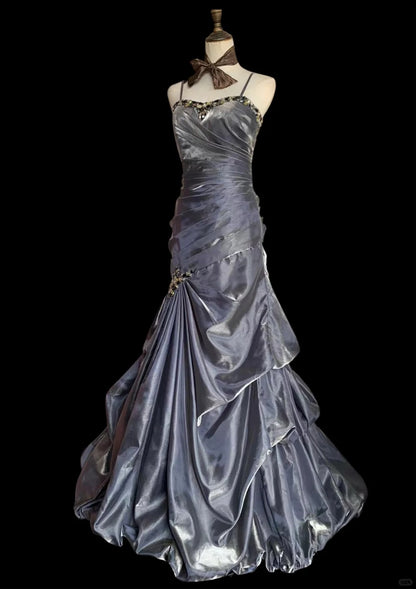 Vintage Grau Meerjungfrau Spaghettiträger Satin Schleppe Abschlussballkleid Abendkleid P4231