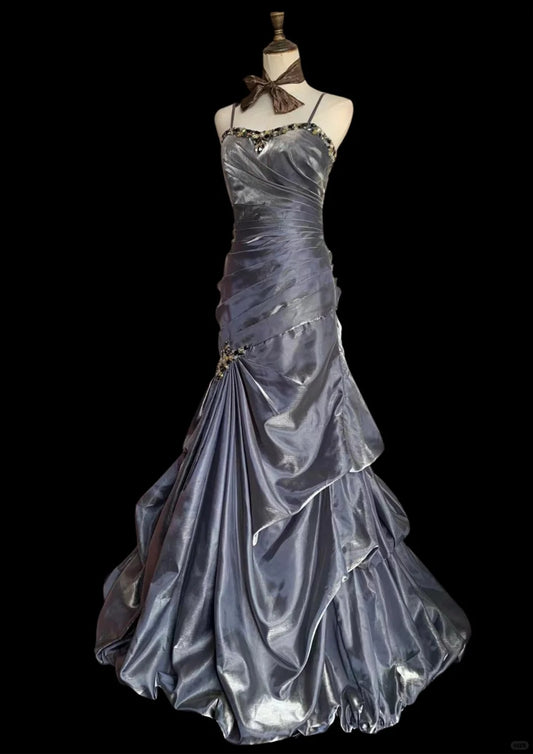 Robe de bal sirène vintage grise à fines bretelles en satin avec traîne Robe de soirée P4231