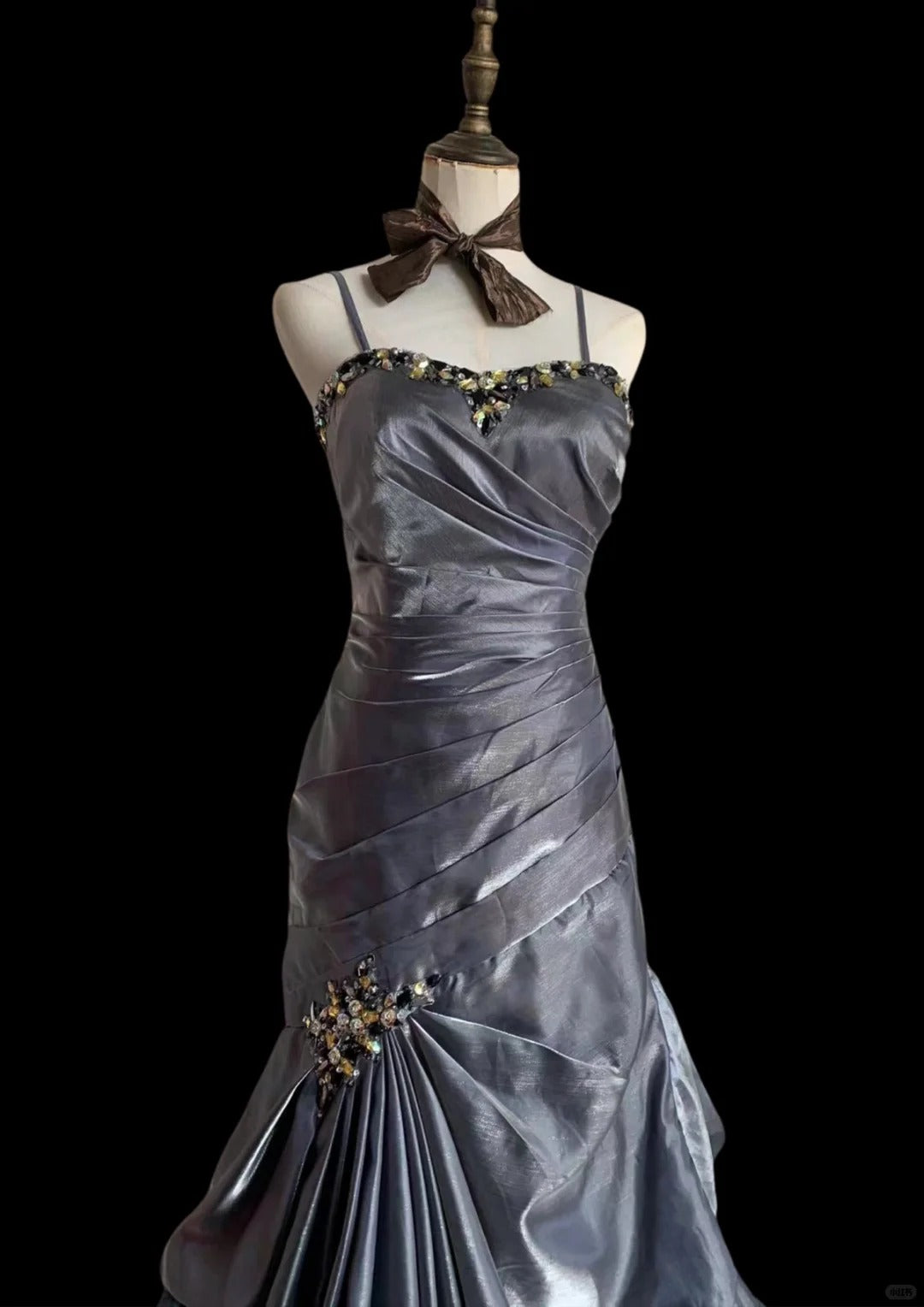 Vintage Grau Meerjungfrau Spaghettiträger Satin Schleppe Abschlussballkleid Abendkleid P4231