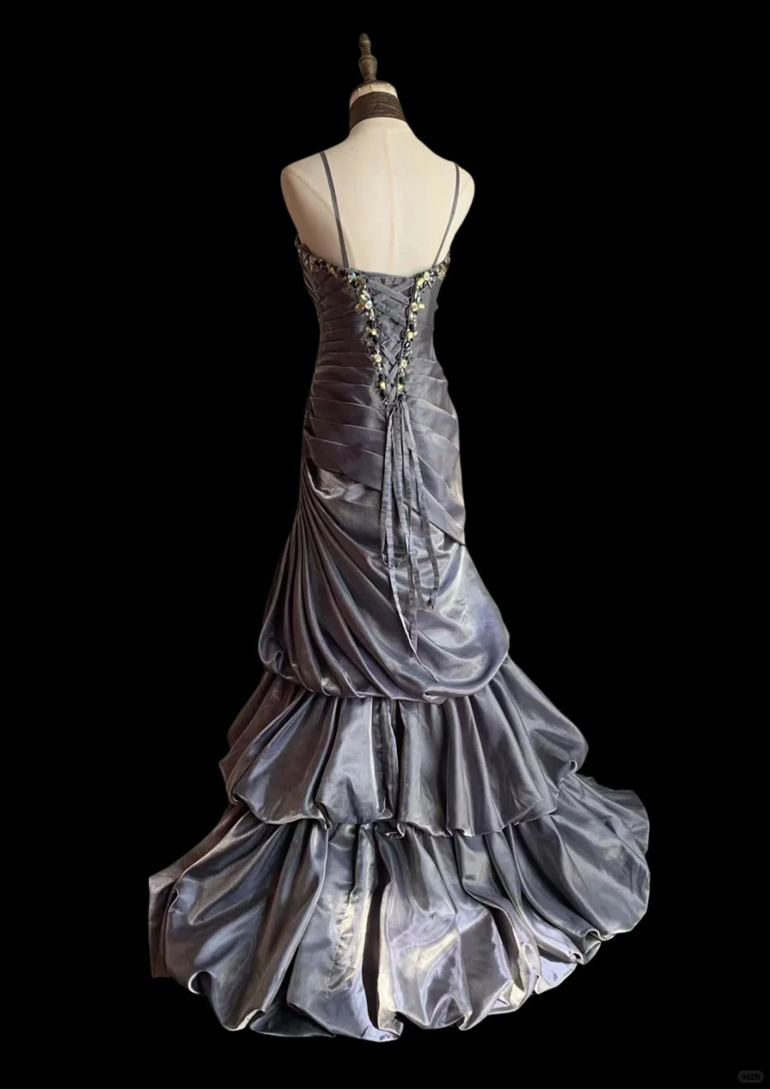 Vintage Grau Meerjungfrau Spaghettiträger Satin Schleppe Abschlussballkleid Abendkleid P4231