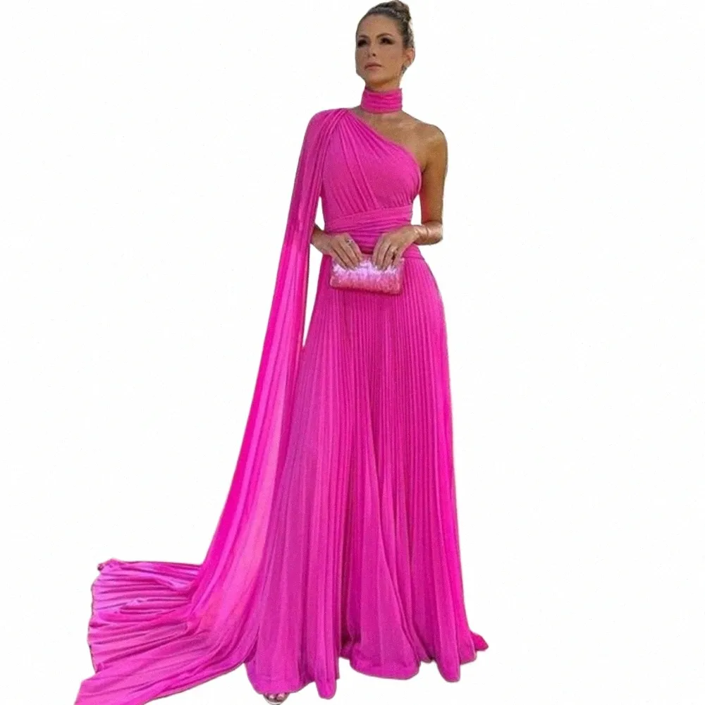 Elegant Long Chiffon Hot Pink Evening Dresses With Cape A-Line One Sho PreppyDress Elegant Long Chiffon Hot Pink Evening Dresses With Cape A-Line One Sho PreppyDress
