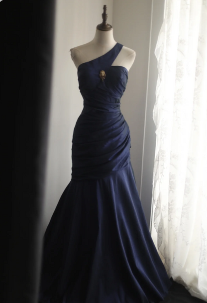 Vintage Marineblau Meerjungfrau One-Shoulder Satin Langes Ballkleid Abendkleid P4237