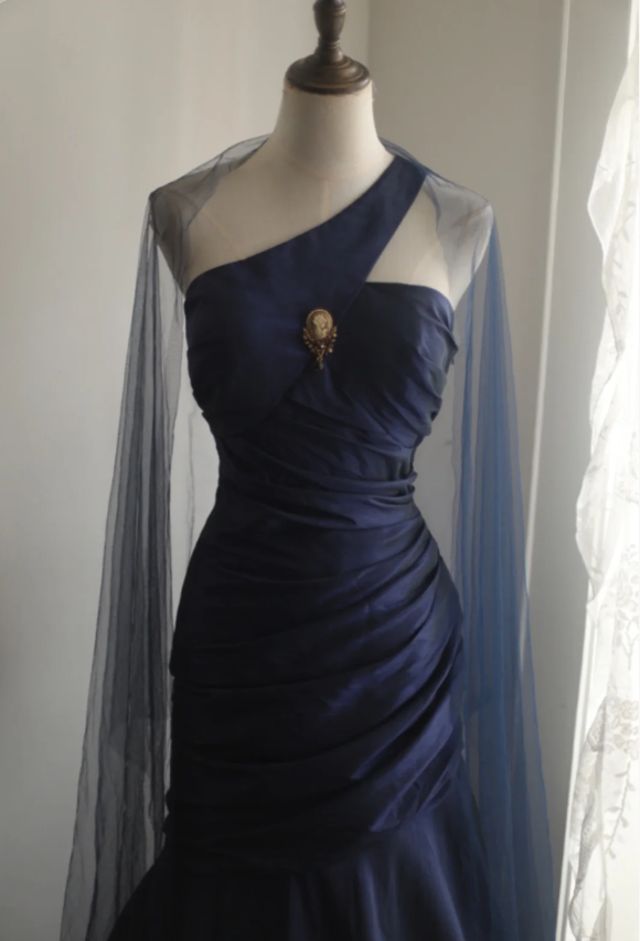 Vintage Marineblau Meerjungfrau One-Shoulder Satin Langes Ballkleid Abendkleid P4237
