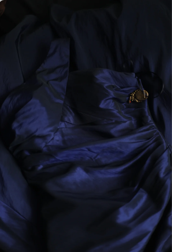 Vintage Marineblau Meerjungfrau One-Shoulder Satin Langes Ballkleid Abendkleid P4237