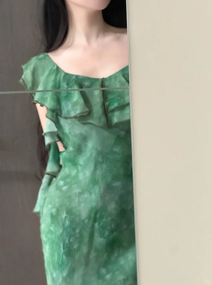 Elegantes dunkelgrünes Meerjungfrauen-Abendkleid mit Rüschen aus Chiffon P4024