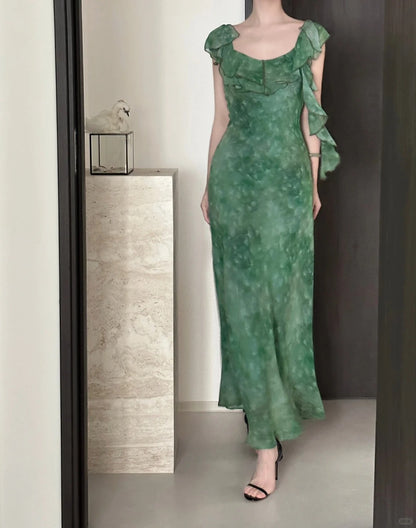 Elegantes dunkelgrünes Meerjungfrauen-Abendkleid mit Rüschen aus Chiffon P4024