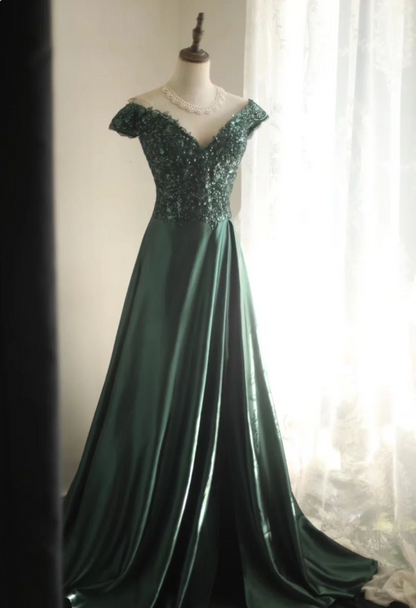 Elegantes dunkelgrünes A-Linien-Abendkleid aus Satin mit Pailletten und Off-Shoulder-Trägern P4240