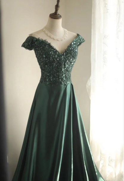 Elegantes dunkelgrünes A-Linien-Abendkleid aus Satin mit Pailletten und Off-Shoulder-Trägern P4240