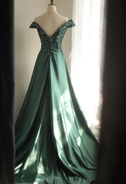 Elegantes dunkelgrünes A-Linien-Abendkleid aus Satin mit Pailletten und Off-Shoulder-Trägern P4240