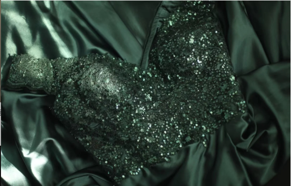 Elegant Dark Green A-line Off-shoulder Sequined Satin Long Prom Dress Evening Dress P4240