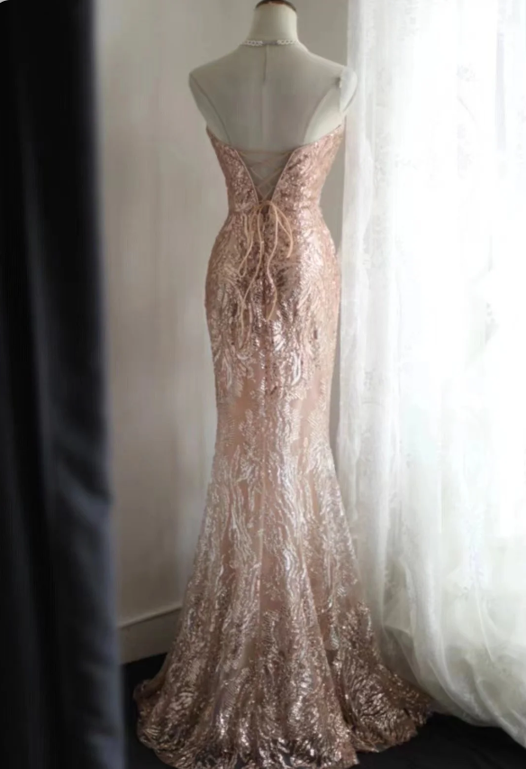 Elegant Pink Mermaid Sequined Prom Dress Evening Dress P4242