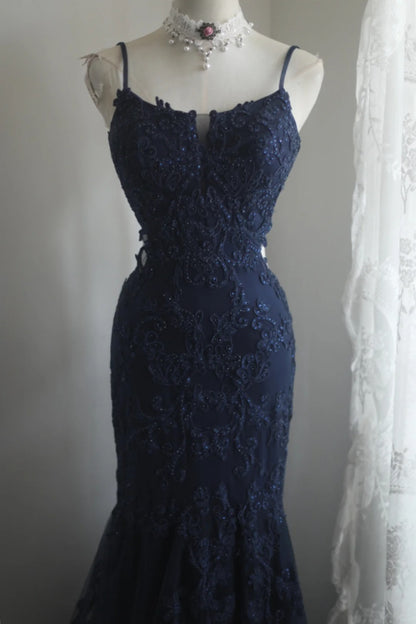 Elegantes dunkelblaues Meerjungfrauen-Abendkleid mit Spaghettiträgern, Spitze, lang, P4243