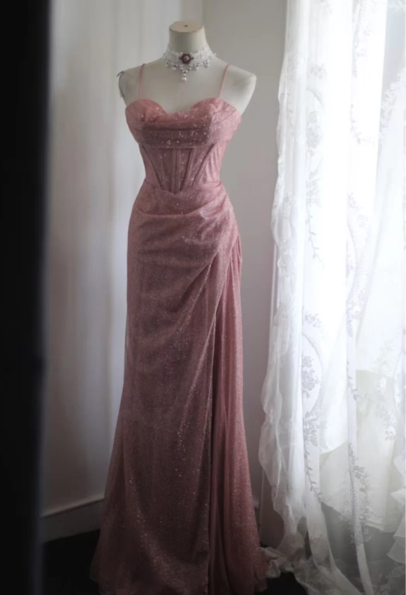 Elegant Pink Mermaid Spaghetti Strap Sequined Long Prom Dress Evening Dress P4244