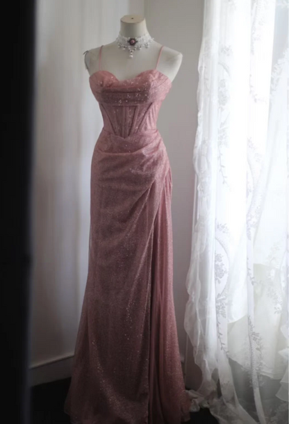 Elegantes pinkfarbenes Meerjungfrauen-Spaghettiträger-Pailletten-Ballkleid Abendkleid P4244