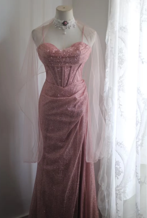 Elegant Pink Mermaid Spaghetti Strap Sequined Long Prom Dress Evening Dress P4244