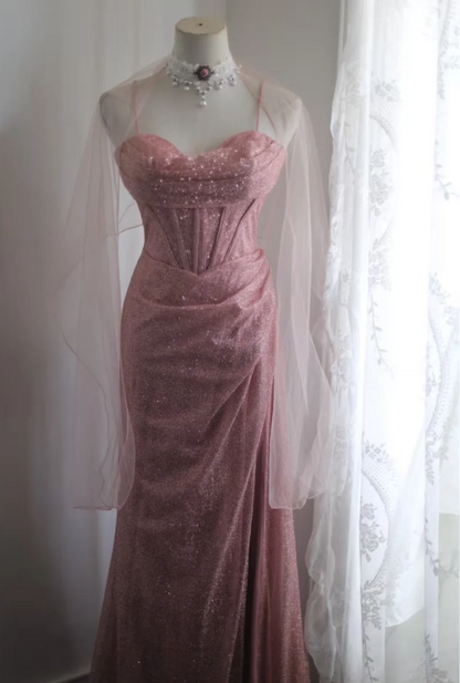 Elegantes pinkfarbenes Meerjungfrauen-Spaghettiträger-Pailletten-Ballkleid Abendkleid P4244