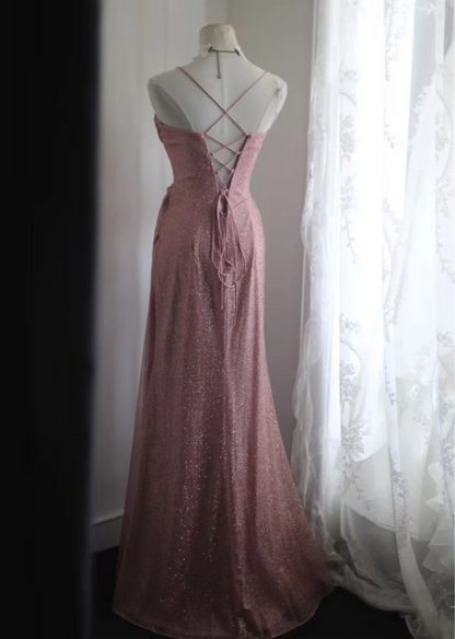 Elegantes pinkfarbenes Meerjungfrauen-Spaghettiträger-Pailletten-Ballkleid Abendkleid P4244