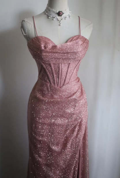 Elegantes pinkfarbenes Meerjungfrauen-Spaghettiträger-Pailletten-Ballkleid Abendkleid P4244
