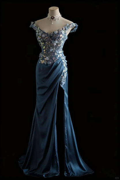 Wunderschönes blaues schulterfreies, paillettenbesetztes langes Ballkleid Abendkleid aus Satin mit 3D-Blumenmuster P4245