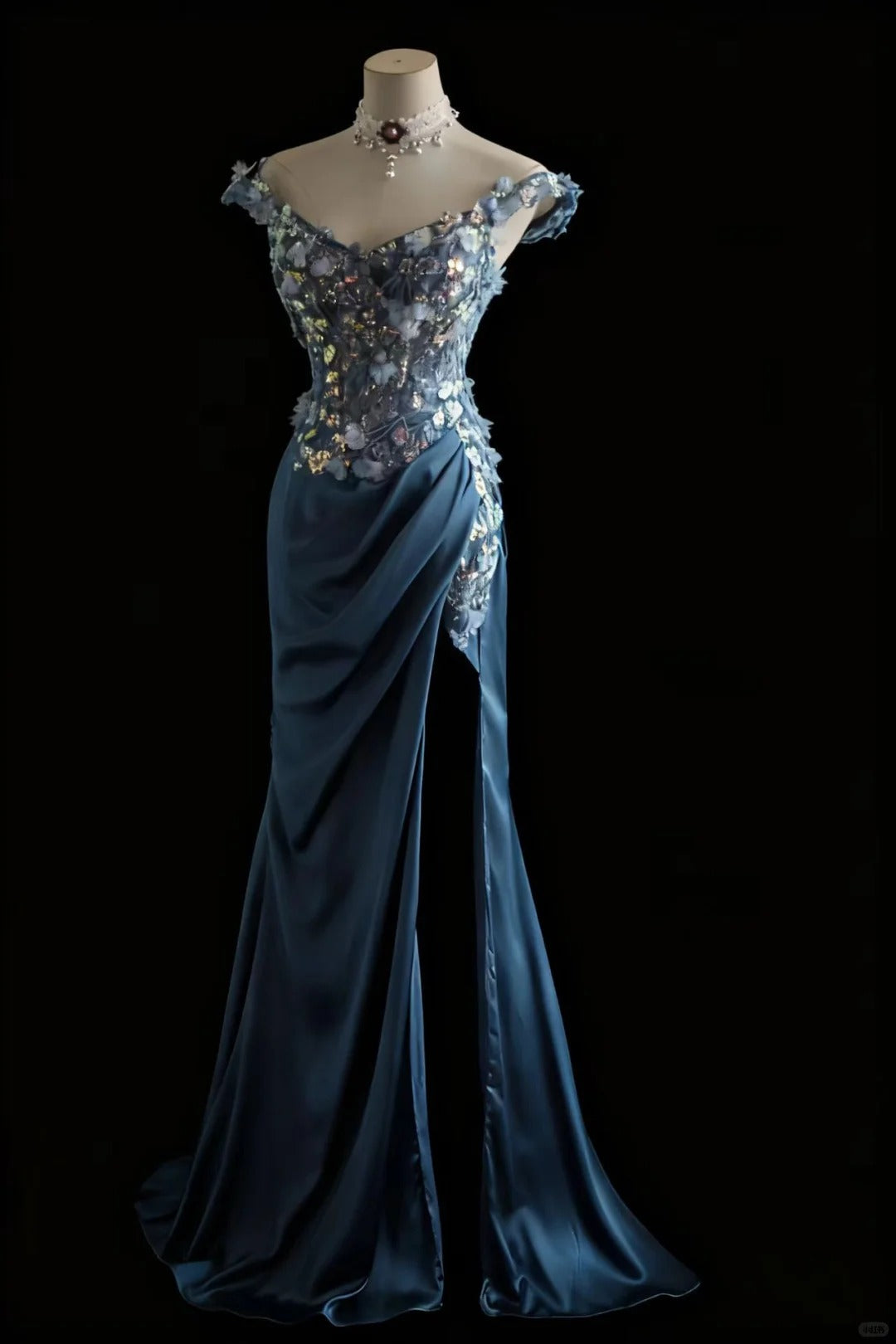 Gorgeous Blue Off-Shoulder Sequined 3D Floral Satin Long Prom Dress Evening Dress P4245