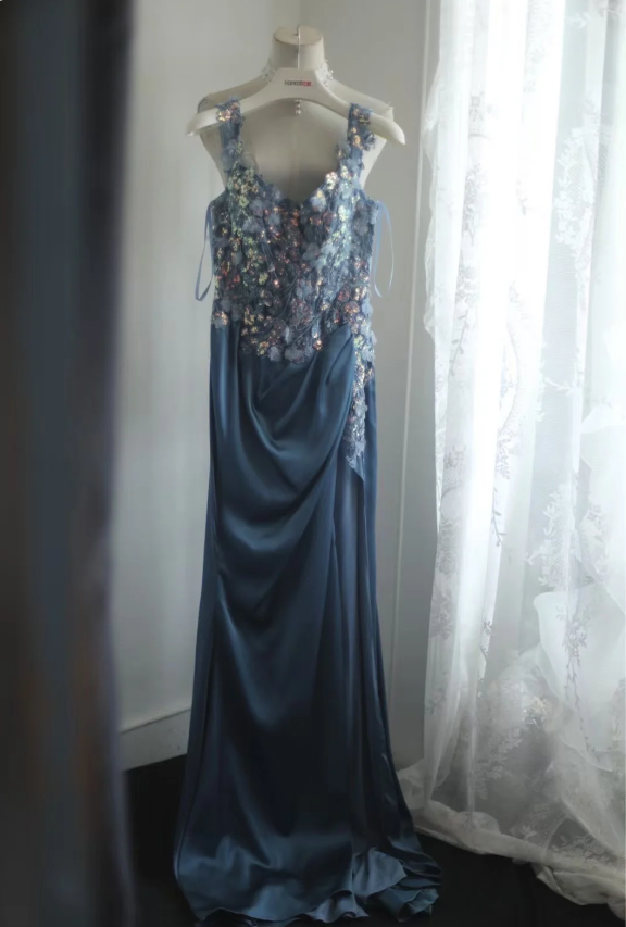 Gorgeous Blue Off-Shoulder Sequined 3D Floral Satin Long Prom Dress Evening Dress P4245