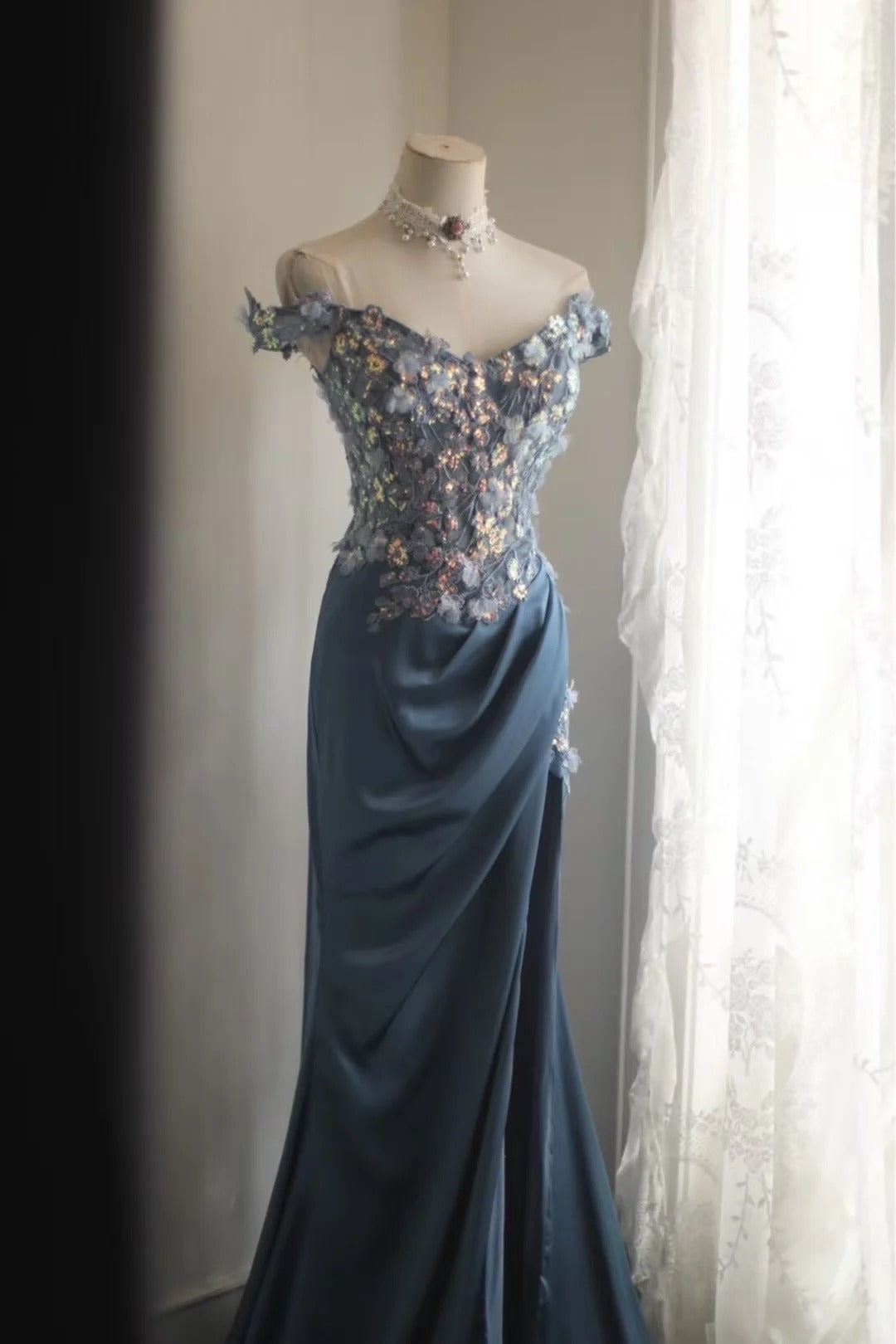 Gorgeous Blue Off-Shoulder Sequined 3D Floral Satin Long Prom Dress Evening Dress P4245
