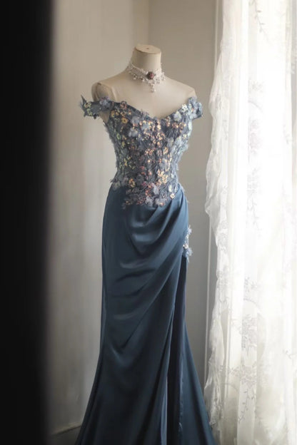 Wunderschönes blaues schulterfreies, paillettenbesetztes langes Ballkleid Abendkleid aus Satin mit 3D-Blumenmuster P4245